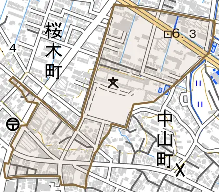 中町とその周辺の地図。町の範囲を重ねている