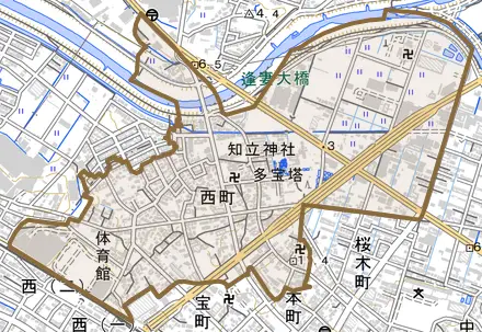 西町とその周辺の地図。町の範囲を重ねている