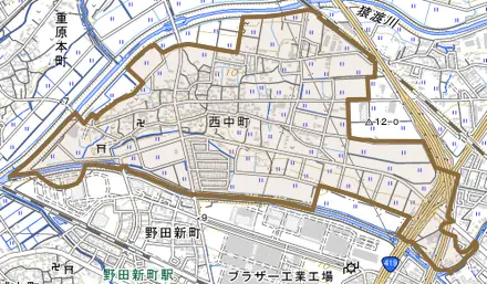 西中町とその周辺の地図。町の範囲を重ねている