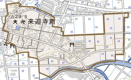 来迎寺町とその周辺の地図。町の範囲を重ねている