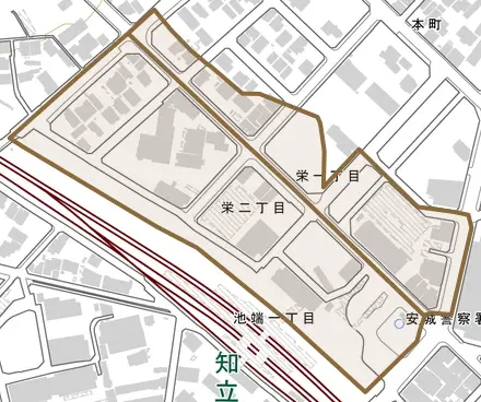 栄とその周辺の地図。町の範囲を重ねている