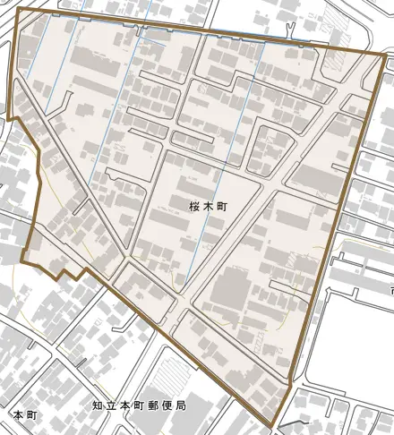 桜木町とその周辺の地図。町の範囲を重ねている