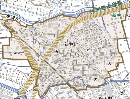 新林町とその周辺の地図。町の範囲を重ねている
