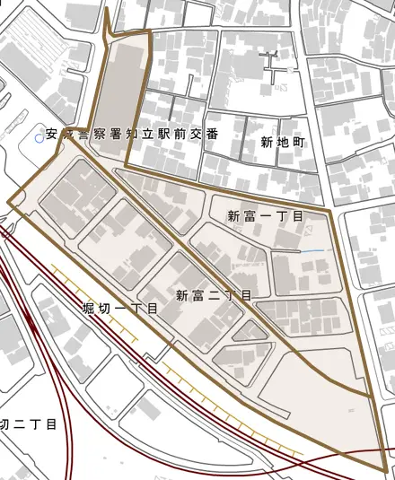 新富とその周辺の地図。町の範囲を重ねている