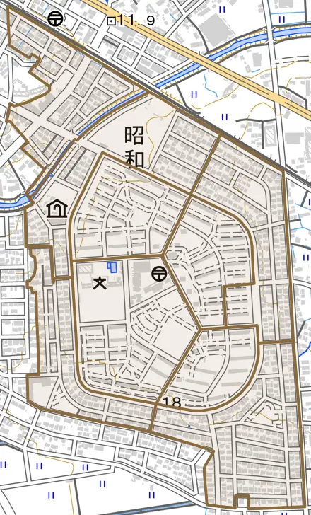 昭和とその周辺の地図。町の範囲を重ねている