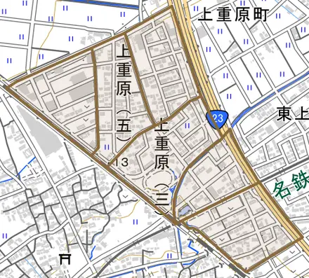 上重原とその周辺の地図。町の範囲を重ねている