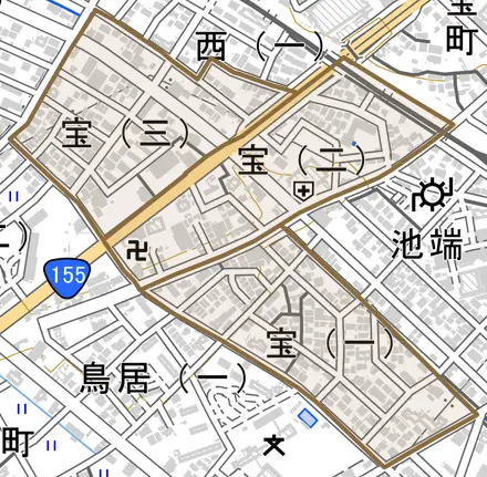 宝とその周辺の地図。町の範囲を重ねている