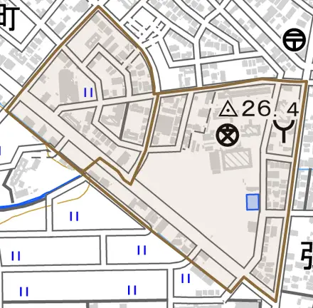 弘法とその周辺の地図。町の範囲を重ねている