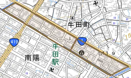 牛田とその周辺の地図。町の範囲を重ねている