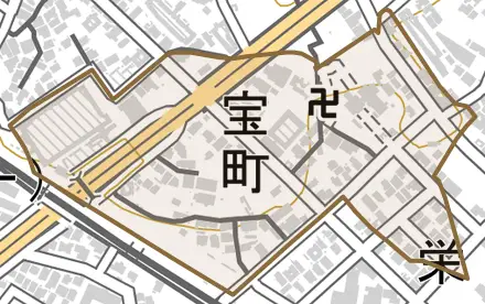 宝町とその周辺の地図。町の範囲を重ねている
