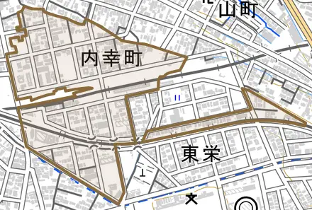 内幸町とその周辺の地図。町の範囲を重ねている