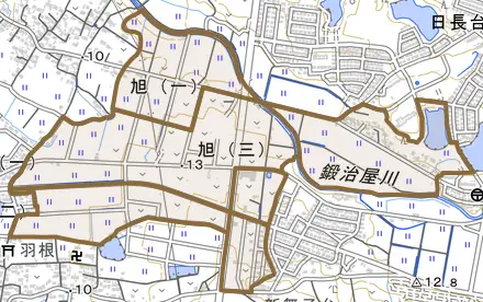 旭とその周辺の地図。町の範囲を重ねている