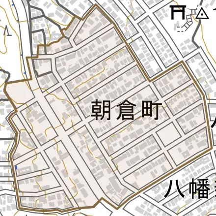 朝倉町とその周辺の地図。町の範囲を重ねている