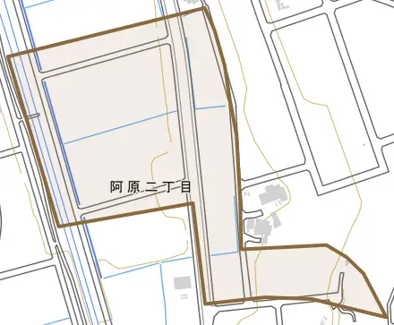 阿原とその周辺の地図。町の範囲を重ねている