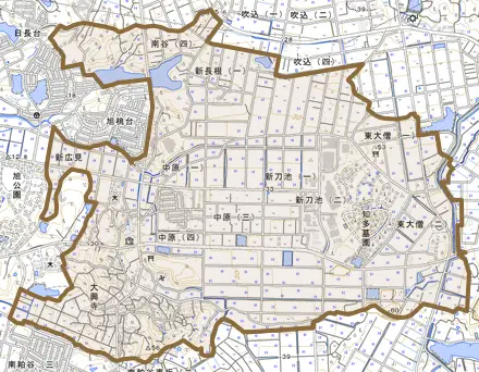 大興寺とその周辺の地図。町の範囲を重ねている