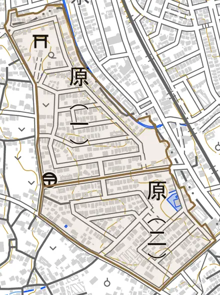 原とその周辺の地図。町の範囲を重ねている