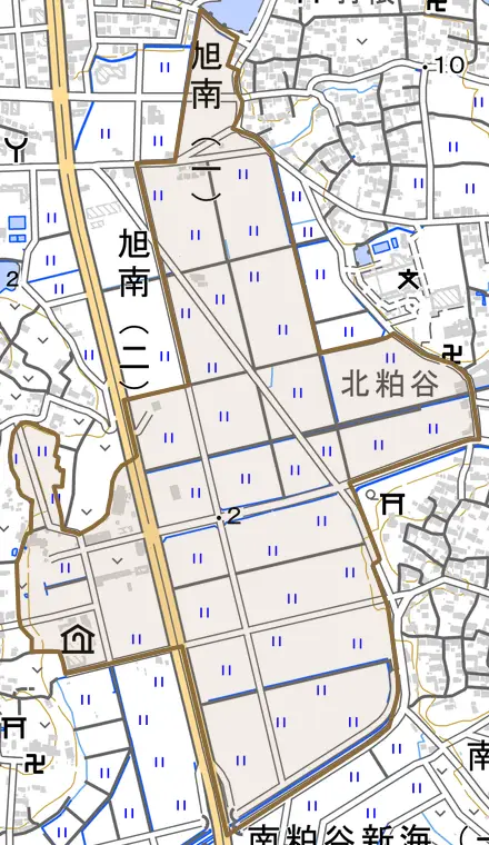 旭南とその周辺の地図。町の範囲を重ねている