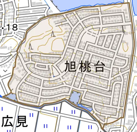 旭桃台とその周辺の地図。町の範囲を重ねている