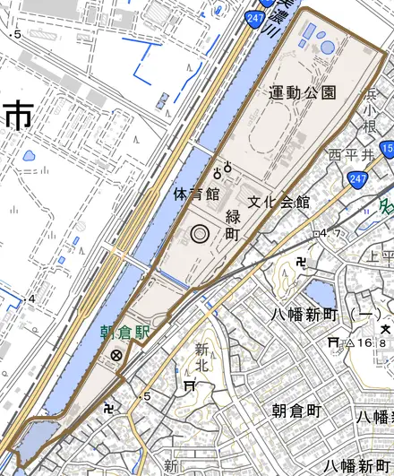 緑町とその周辺の地図。町の範囲を重ねている