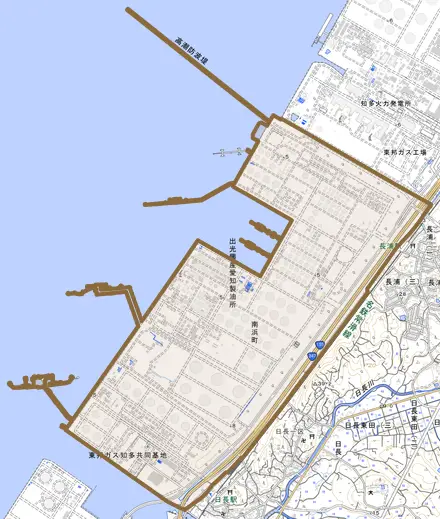南浜町とその周辺の地図。町の範囲を重ねている