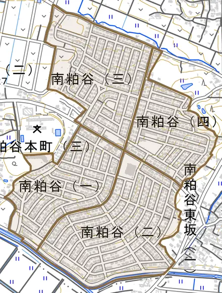南粕谷とその周辺の地図。町の範囲を重ねている