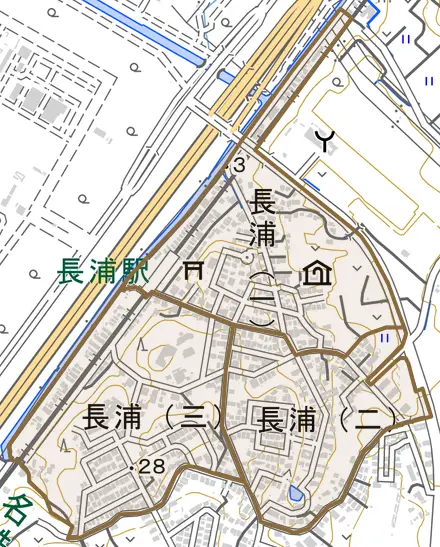 長浦とその周辺の地図。町の範囲を重ねている