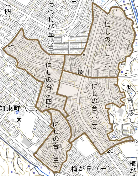 にしの台とその周辺の地図。町の範囲を重ねている