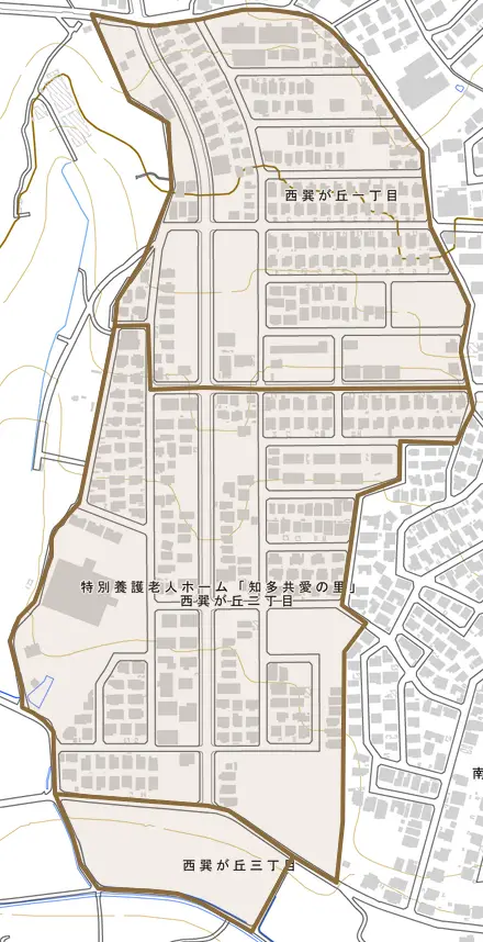 西巽が丘とその周辺の地図。町の範囲を重ねている