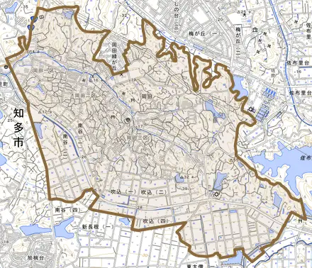 岡田とその周辺の地図。町の範囲を重ねている