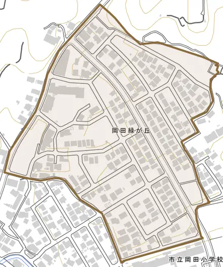 岡田緑が丘とその周辺の地図。町の範囲を重ねている