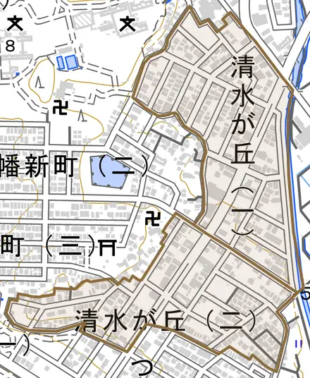 清水が丘とその周辺の地図。町の範囲を重ねている
