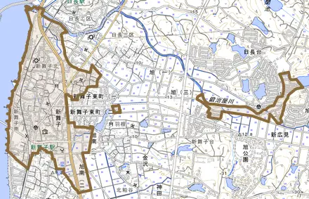 新舞子とその周辺の地図。町の範囲を重ねている