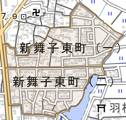 新舞子東町とその周辺の地図。町の範囲を重ねている
