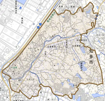 新知とその周辺の地図。町の範囲を重ねている