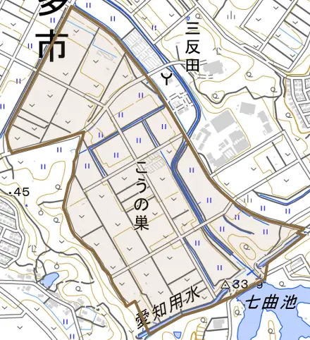 こうの巣とその周辺の地図。町の範囲を重ねている