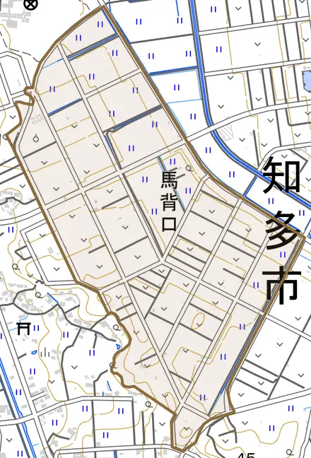 馬背口とその周辺の地図。町の範囲を重ねている