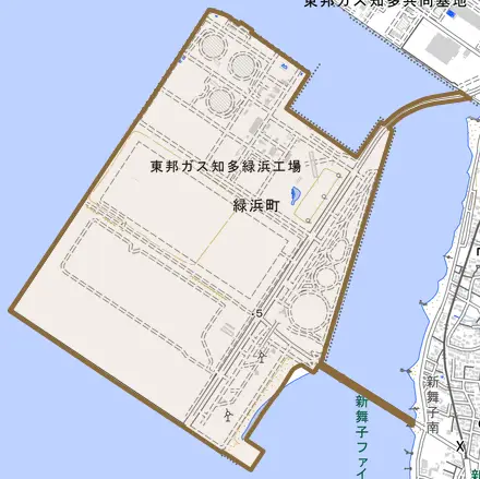 緑浜町とその周辺の地図。町の範囲を重ねている