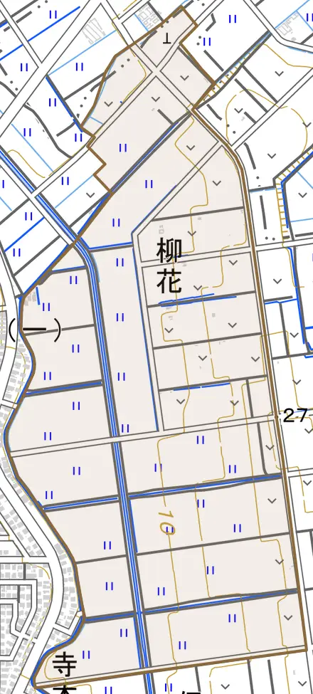 柳花とその周辺の地図。町の範囲を重ねている