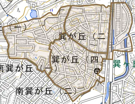 巽が丘とその周辺の地図。町の範囲を重ねている