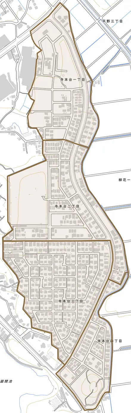 寺本台とその周辺の地図。町の範囲を重ねている
