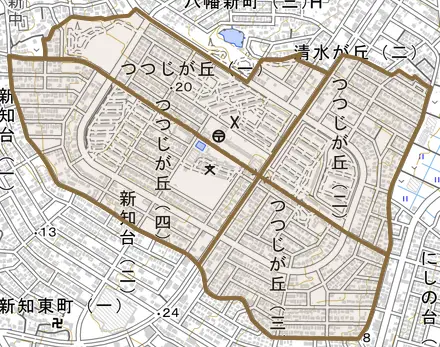 つつじが丘とその周辺の地図。町の範囲を重ねている