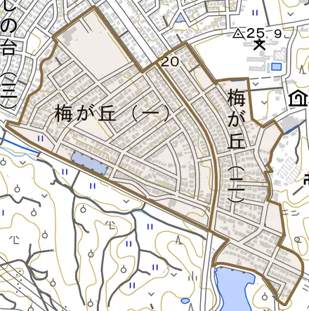 梅が丘とその周辺の地図。町の範囲を重ねている