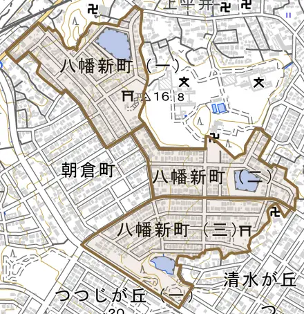 八幡新町とその周辺の地図。町の範囲を重ねている