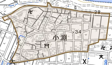 大字小淵とその周辺の地図。町の範囲を重ねている