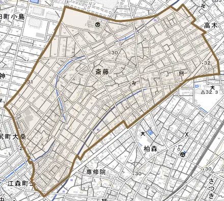 大字斎藤とその周辺の地図。町の範囲を重ねている