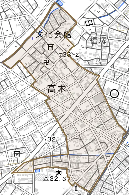 大字高木とその周辺の地図。町の範囲を重ねている