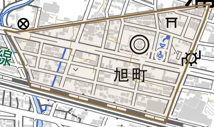 旭町とその周辺の地図。町の範囲を重ねている