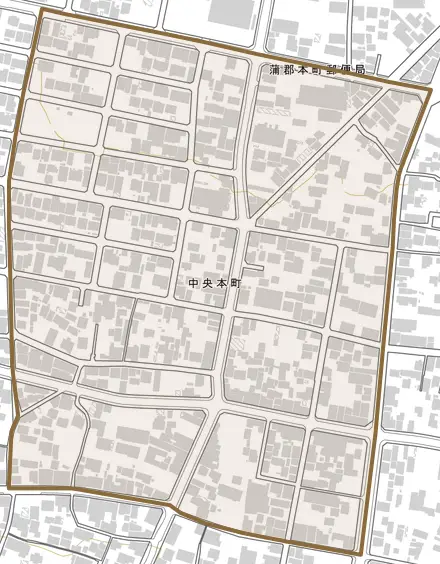 中央本町とその周辺の地図。町の範囲を重ねている