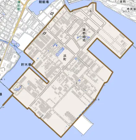 浜町とその周辺の地図。町の範囲を重ねている