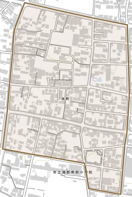 本町とその周辺の地図。町の範囲を重ねている